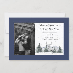 Cartes Pour Fêtes Annuelles Renneau d'hiver à l'aquarelle Photo bleue