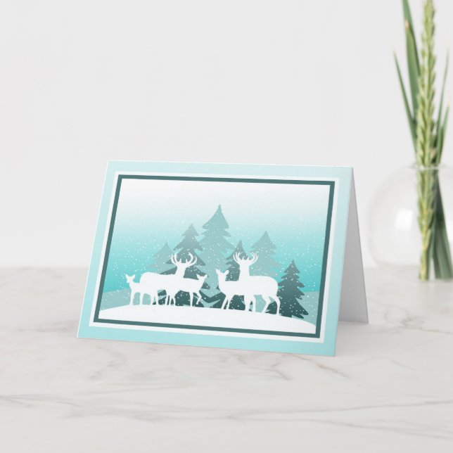 Cartes Pour Fêtes Annuelles Rennes, arbres et flocons de neige (Devant)