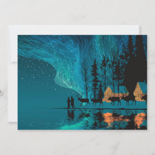 Cartes Pour Fêtes Annuelles Rennes, cabane, Aurores boréales au bord d'un lac 