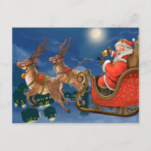 Cartes Pour Fêtes Annuelles Rennes tirant le traîneau du Père Noël Noël