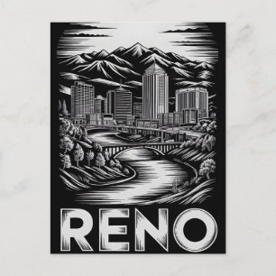 Cartes Pour Fêtes Annuelles Reno Nevada Skyline Noir et Blanc Gravure sur Bois