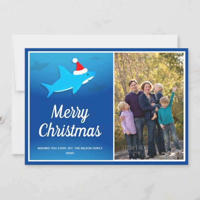 Cartes Pour Fêtes Annuelles Requin bleu à Santa Hat Appartement de Noël (Devant)