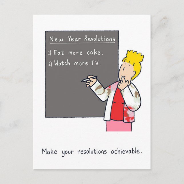 Cartes Pour Fêtes Annuelles Résolutions du Nouvel An Humour Cake et TV (Devant)