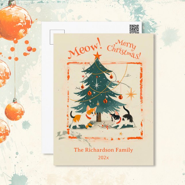 Cartes Pour Fêtes Annuelles Retro 1950 mignons Chats Arbre de Noël (Retro 1950s Cute Cats Christmas Trees Postcard)