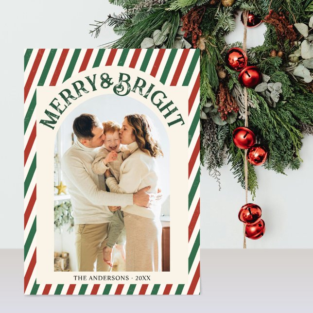Cartes Pour Fêtes Annuelles Retro Arch Stripes Famille Photo Merry Bright (Créateur téléchargé)