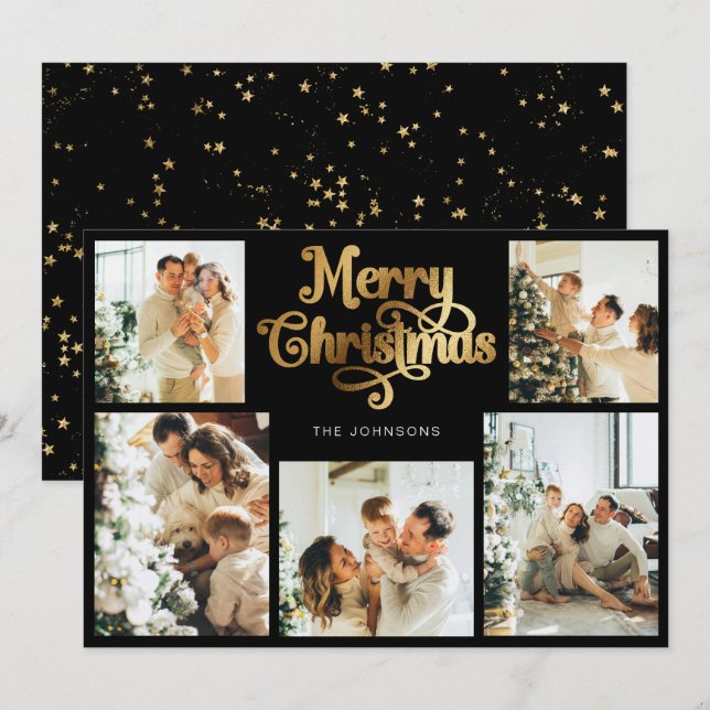 Cartes Pour Fêtes Annuelles Retro Black Faux Gold Joyeux Noël Famille Photo (Devant / Derrière)
