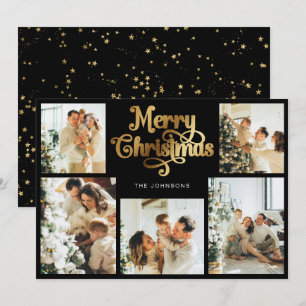 Cartes Pour Fêtes Annuelles Retro Black Faux Gold Joyeux Noël Famille Photo