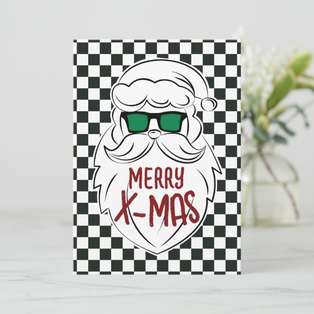 Cartes Pour Fêtes Annuelles Retro Black White Checkered Santa Claus Christmas  (Debout devant)