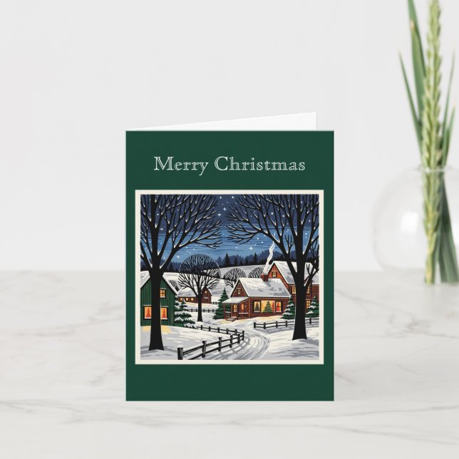 Cartes Pour Fêtes Annuelles Retro Blanc Noël Campagne Folk Art Personnalisé (Devant)