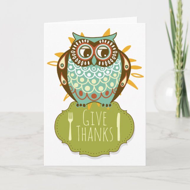Cartes Pour Fêtes Annuelles Retro Blue Owl Donner Merci Bon thanksgiving (Devant)