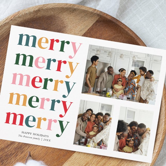 Cartes Pour Fêtes Annuelles Retro Bold Joyeux Noël Moderne Minimal 3 Photo (Three photos Christmas holiday card)