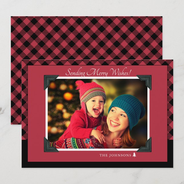 Cartes Pour Fêtes Annuelles Retro Burgundy Buffalo Check Christmas Photo (Devant / Derrière)