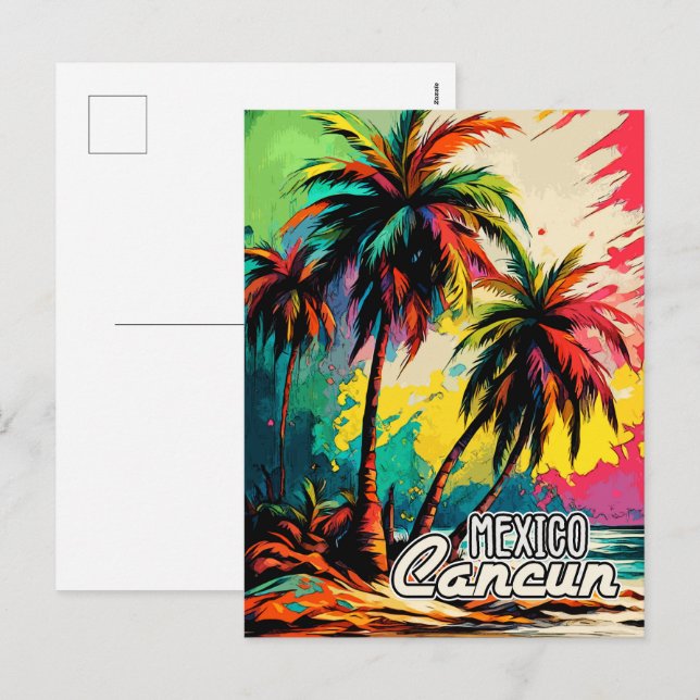 Cartes Pour Fêtes Annuelles Retro Cancun Mexique Poster Pop Art Travel (Devant / Derrière)