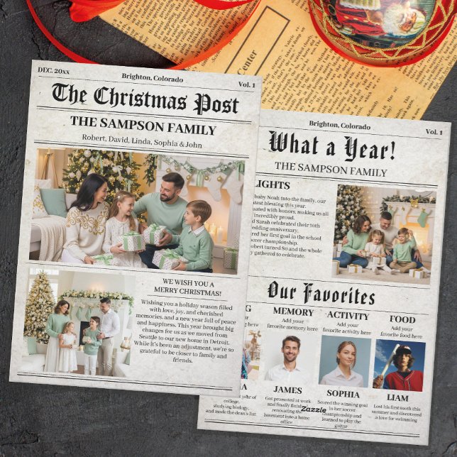 Cartes Pour Fêtes Annuelles Retro Christmas Newspaper Family Photo Newsletter (Créateur téléchargé)