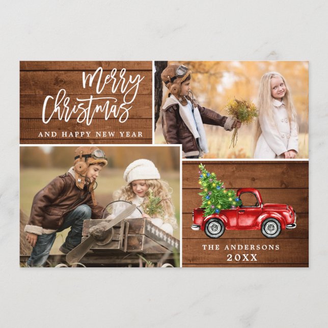 Cartes Pour Fêtes Annuelles Retro Christmas Red Truck Rustic 2 PHOTO Salutatio (Devant)