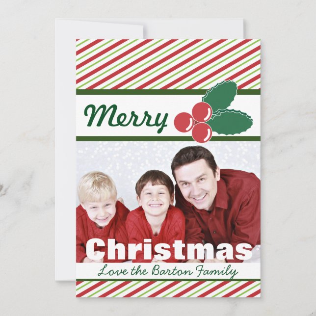Cartes Pour Fêtes Annuelles Retro Festive Stripes et Holly Photo personnalisée (Devant)