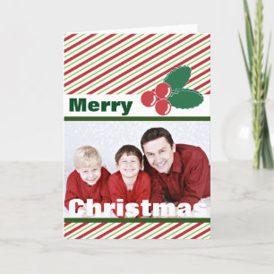 Cartes Pour Fêtes Annuelles Retro Festive Stripes et Holly Photo personnalisée