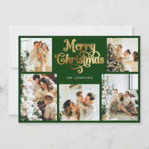 Cartes Pour Fêtes Annuelles Retro Green et Gold Joyeux Noël Famille Photo