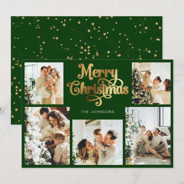 Cartes Pour Fêtes Annuelles Retro Green Faux Gold Joyeux Noël Famille Photo (Devant / Derrière)