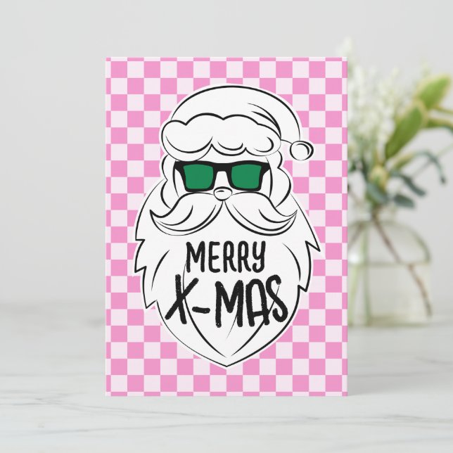 Cartes Pour Fêtes Annuelles Retro Groovy Pink Checkered Santa Claus Christmas  (Debout devant)