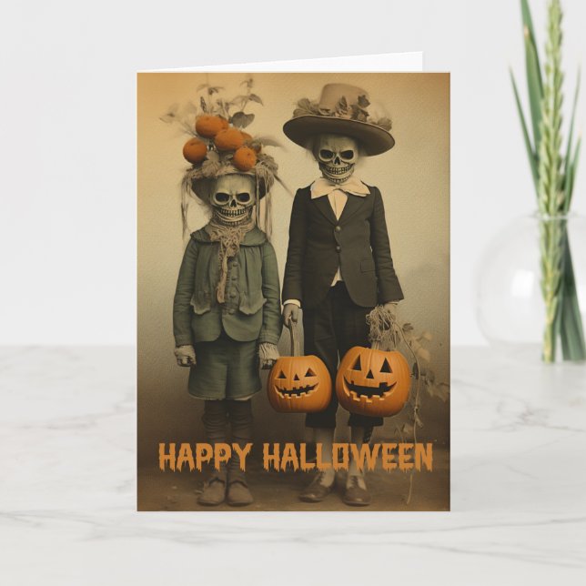 Cartes Pour Fêtes Annuelles Retro Halloween enfants déplaisants avec citrouill (Devant)