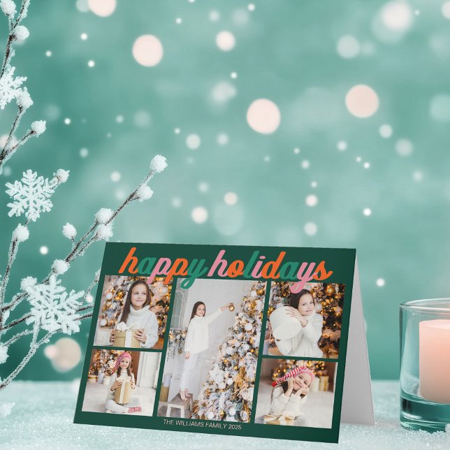 Cartes Pour Fêtes Annuelles Retro Happy Holidays Cute Green Photo Folded (Créateur téléchargé)
