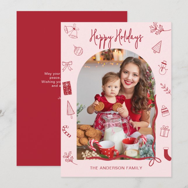 Cartes Pour Fêtes Annuelles Retro Happy Holidays Photo Hand Drawn (Devant / Derrière)