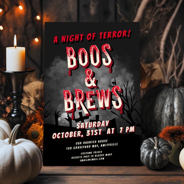 Cartes Pour Fêtes Annuelles Retro Horror Boos & Brews Halloween Party (Créateur téléchargé)