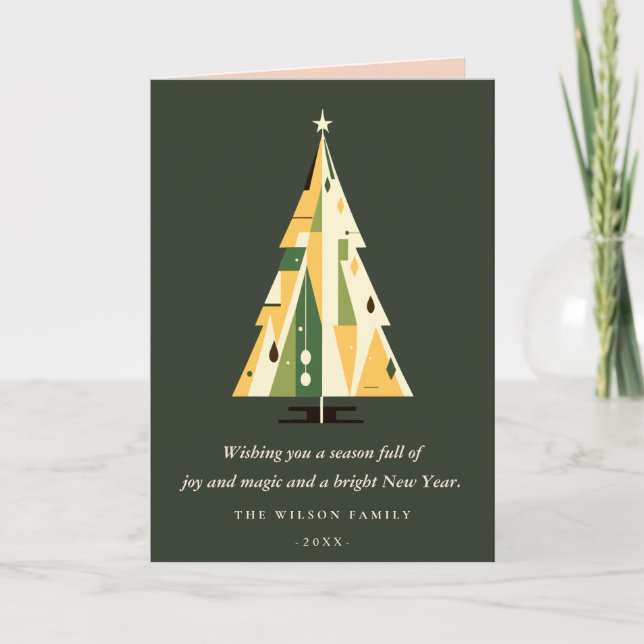 Cartes Pour Fêtes Annuelles Retro Jaune Vert Arbre de Noël Logo d'entreprise (Devant)