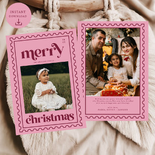 Cartes Pour Fêtes Annuelles Retro Joyeux Noël Timbre Photo Famille Vacances