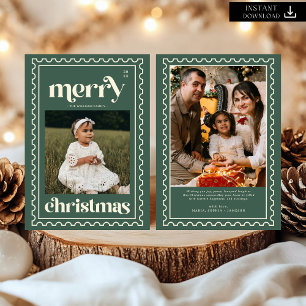 Cartes Pour Fêtes Annuelles Retro Joyeux Noël Timbre Photo Famille Vacances
