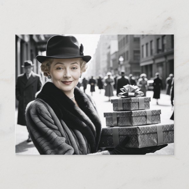 Cartes Pour Fêtes Annuelles Retro Lady in the Busy Street Holding Présents (Devant)