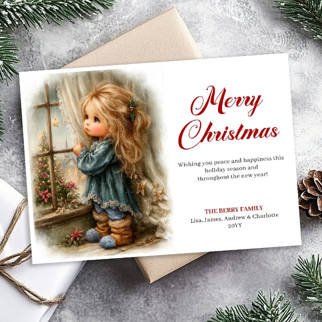 Cartes Pour Fêtes Annuelles Retro little girl awaiting Santa digital Christmas (Retro little girl awaiting Santa digital Christmas greeting

)