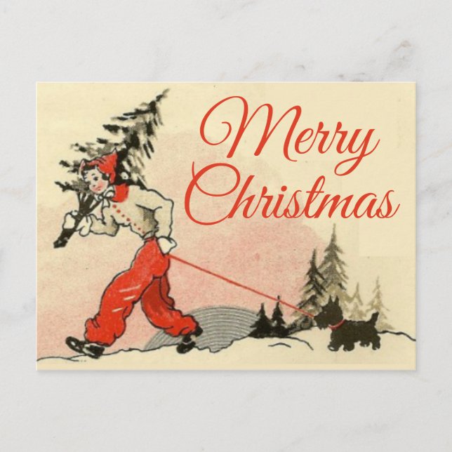 Cartes Pour Fêtes Annuelles Retro Look Scotty et nouvel arbre de Noël (Devant)