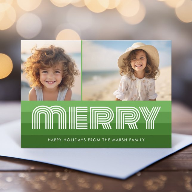 Cartes Pour Fêtes Annuelles Retro Merry Line Art Green - 2 Photo - les années  (Retro Stripe Christmas Card with 2 Photos - Vibrant Olive Green Shades - Print and Download Option)