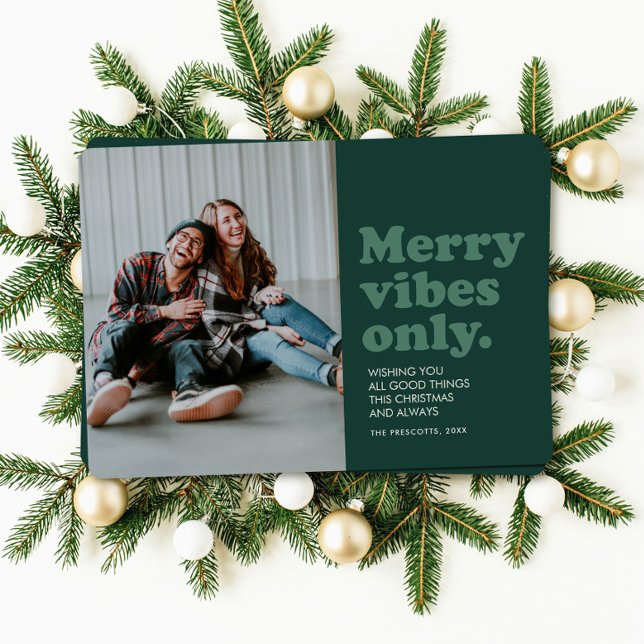 Cartes Pour Fêtes Annuelles Retro Merry Vibes Seulement une photo verte amusan (Créateur téléchargé)