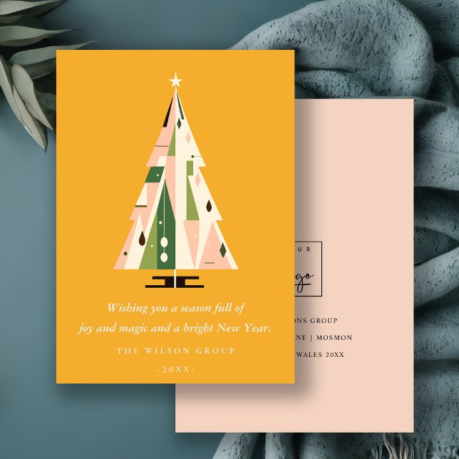 Cartes Pour Fêtes Annuelles Retro Mustard Green Christmas Tree Logo d'entrepri (Créateur téléchargé)