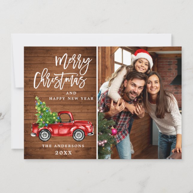 Cartes Pour Fêtes Annuelles Retro Noël Camion Rouge Rustique PHOTO Salutation (Devant)