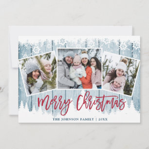 Cartes Pour Fêtes Annuelles Retro Noël Rustic Blue Wood 3 PHOTO Salutation