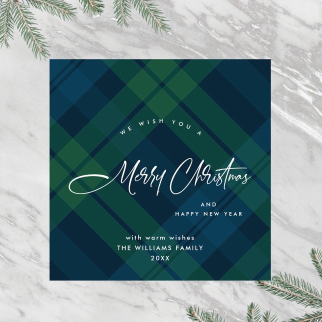Cartes Pour Fêtes Annuelles Rétro Noël Tartan Vert Bleu Plaid Salutation (Créateur téléchargé)