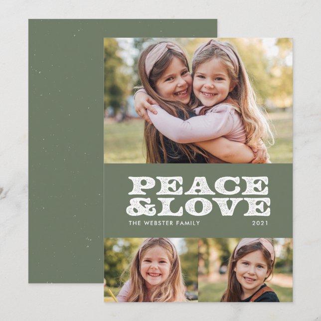 Cartes Pour Fêtes Annuelles Retro paix et amour vert trois photo (Devant / Derrière)