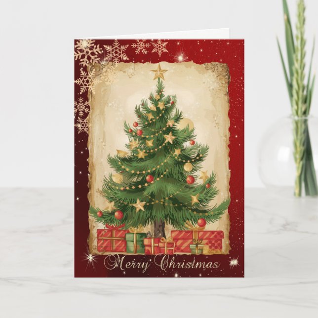 Cartes Pour Fêtes Annuelles Retro Pine Tree Presents Snowflakes Red (Devant)