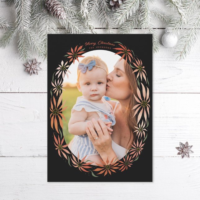 Cartes Pour Fêtes Annuelles Retro Poinsettia Oval Frame Photo (Créateur téléchargé)