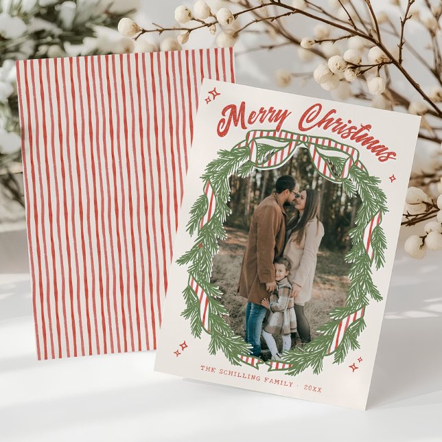 Cartes Pour Fêtes Annuelles Retro Quirky Hand Drawn Wreath Bow Photo Christmas (Retro quirky hand drawn bow wreath greenery watercolor stripes Merry Christmas Photo Holiday Card )