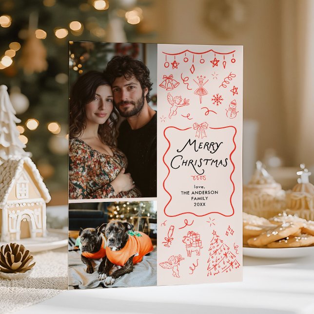 Cartes Pour Fêtes Annuelles Retro Quirky Rouge Main Tirée Joyeux Noël Photo (Créateur téléchargé)
