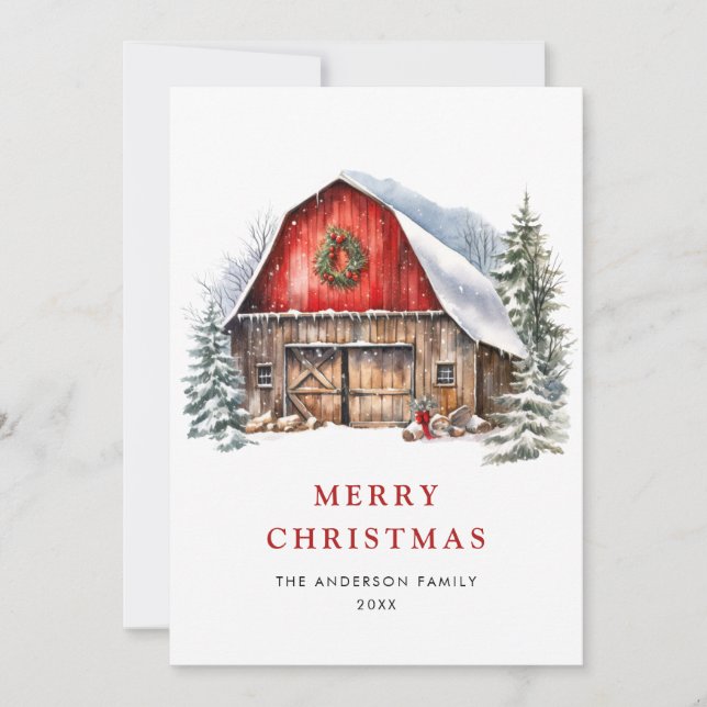 Cartes Pour Fêtes Annuelles Rétro Red Farm Grange Noël Arbre de Noël Salutatio (Devant)
