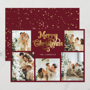 Cartes Pour Fêtes Annuelles Retro Red Faux Gold Joyeux Noël Famille Photo