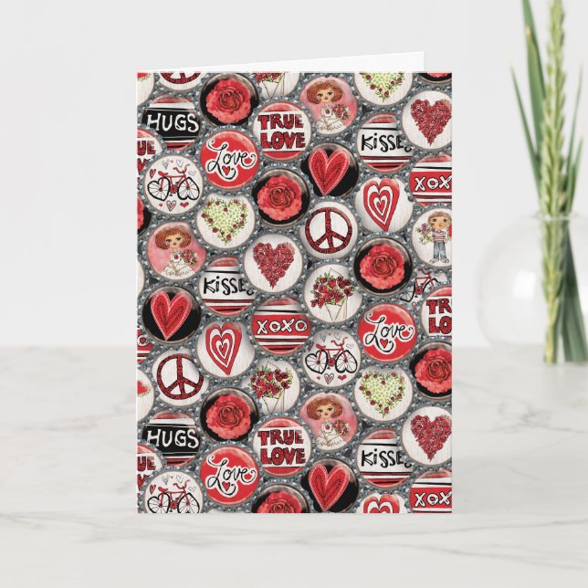 Cartes Pour Fêtes Annuelles Retro Red Floral Hearts Bouteille Casquette Saint  (Devant)