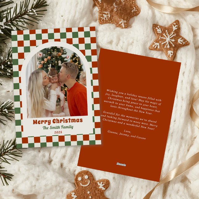 Cartes Pour Fêtes Annuelles Retro Red Green Checkerboard Photo Arch Christmas (Créateur téléchargé)