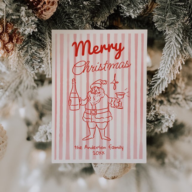 Cartes Pour Fêtes Annuelles Retro Red Père Noël Champagne Noël Non Photo (Créateur téléchargé)